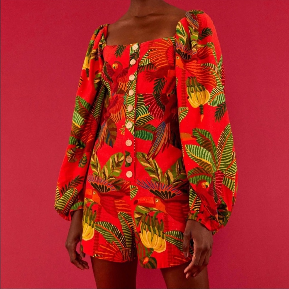 NWT Farm Rio Red Forest Birds Romper XS